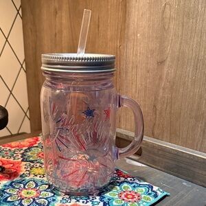 Clear plastic Mason Jar with Straw and Silver Lid